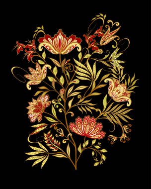 Geleneksel etnik tarzda kusursuz bir düzen. Dekoratif çiçekli, yapraklı ve doğu tarzında desenli soyut vintage desen.