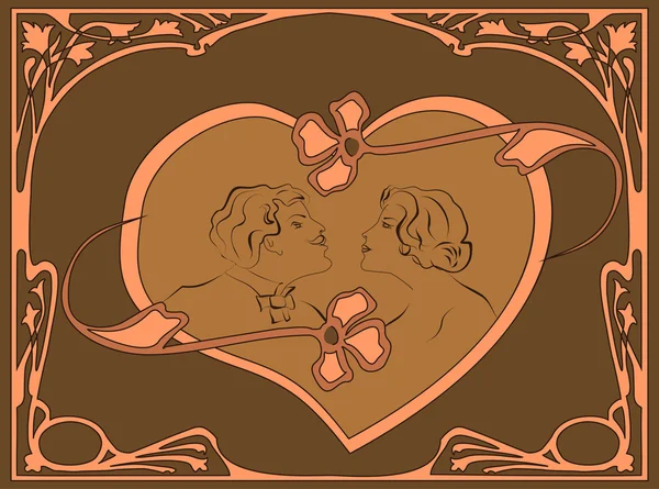 Retrato de una pareja amorosa en el estilo Art Nouveau en el marco . — Vector de stock