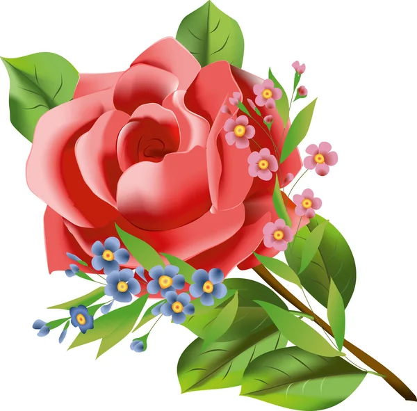 Illustration vectorielle d'une rose aux petites fleurs bleu foncé et rose isolées sur fond blanc . — Image vectorielle