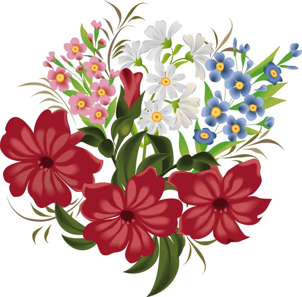 Vector illustration of red flowers, daisies and forget-me-nots in vintage style on a white background. — Stock Vector