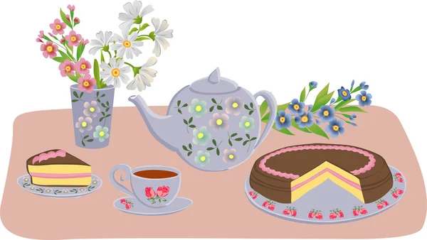 Composición vectorial con tetera, tazas, tarta y flores . — Vector de stock