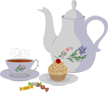 Çaydanlık ve bardak çay ve kek ile.