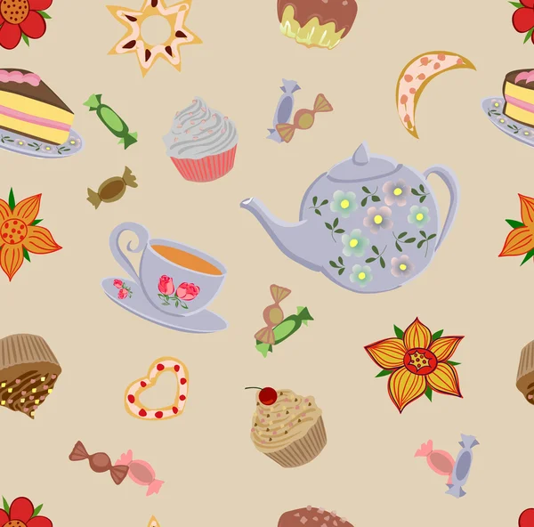 Patrón de repetición vectorial de la tetera, tazas, pasteles, cupcakes, galletas, chocolates y flores . — Vector de stock