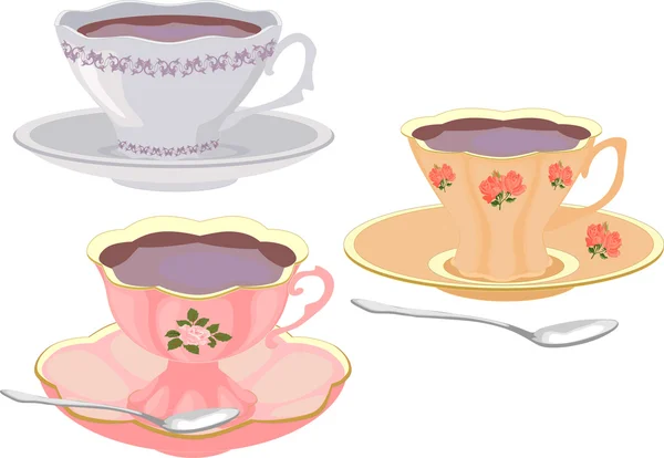 Vector set of cups of tea in vintage style. — Stock Vector