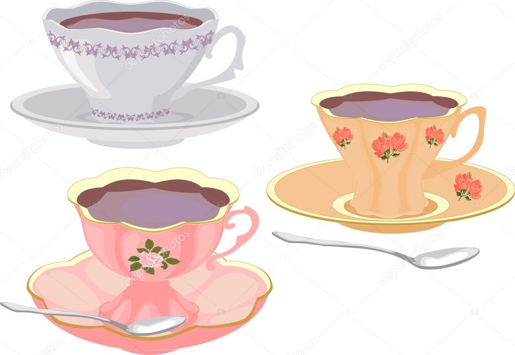Vector set of cups of tea in vintage style.