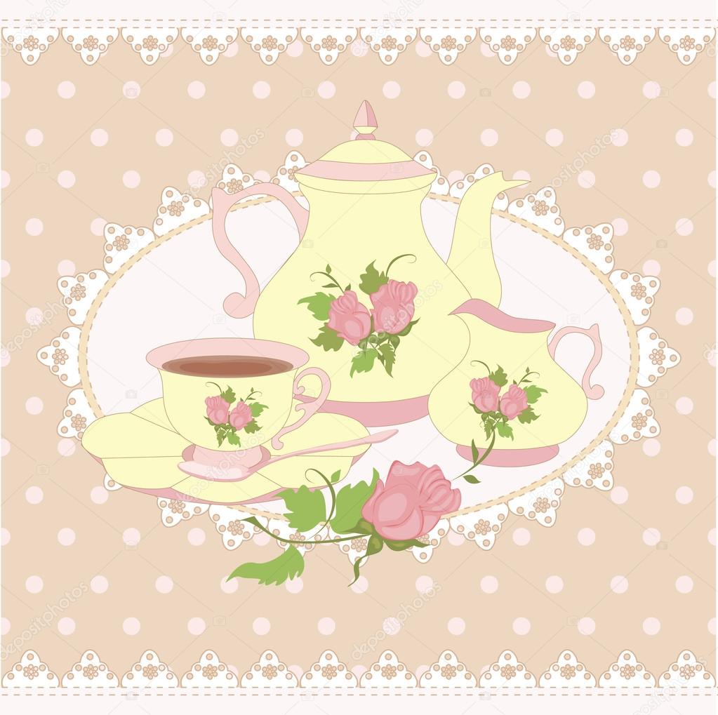 Vector composition teapot, Cup and milk jug in a lace frame. Stock