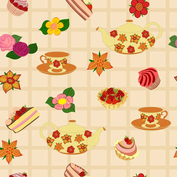 Patrón de repetición vectorial de la tetera, tazas, pasteles, cupcakes y flores . — Vector de stock