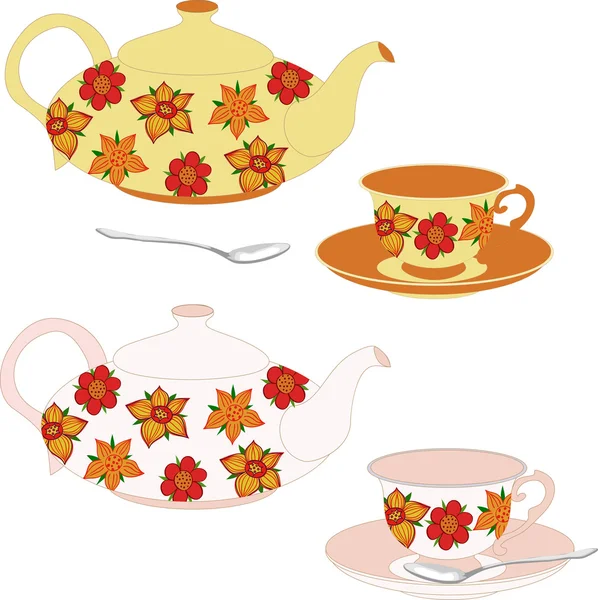 Векторний набір чашок і чашок, прикрашений квітами. Векторні ізольовані об'єкти . — стоковий вектор
