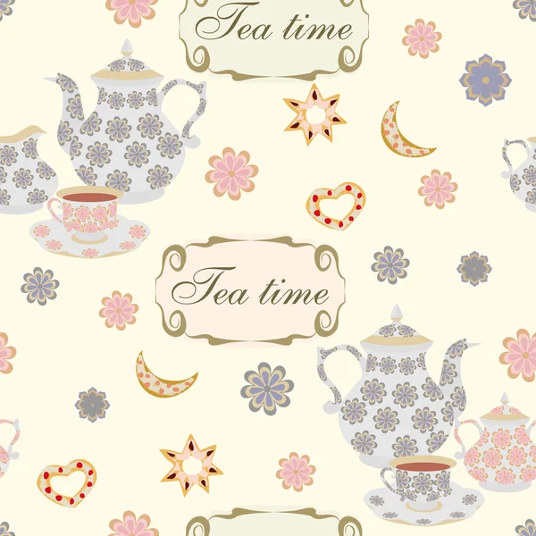 Nahtloses Muster mit Teekannen und Tassen. — Stockvektor