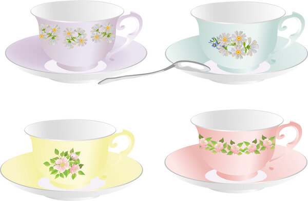 Vector set of cups in a vintage style with a floral pattern.