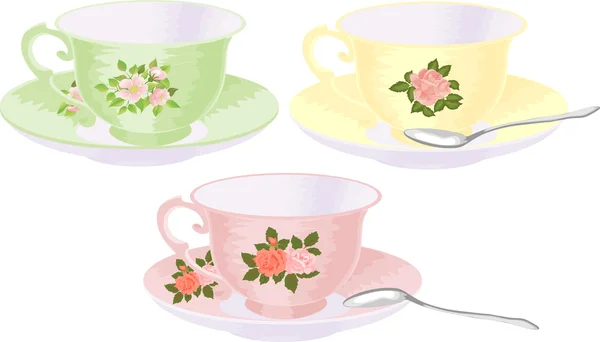 Vector set of cups in a vintage style with a floral pattern. — ストックベクタ