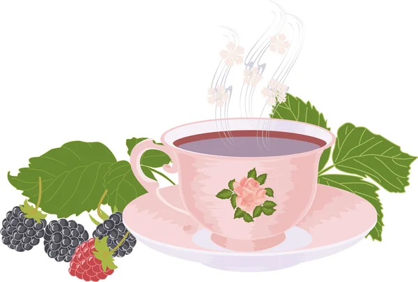 Taza Rosa de té y frambuesas y moras . — Vector de stock