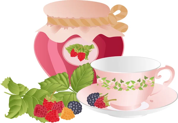 Pink Cup, raspberry dan sebotol selai . - Stok Vektor