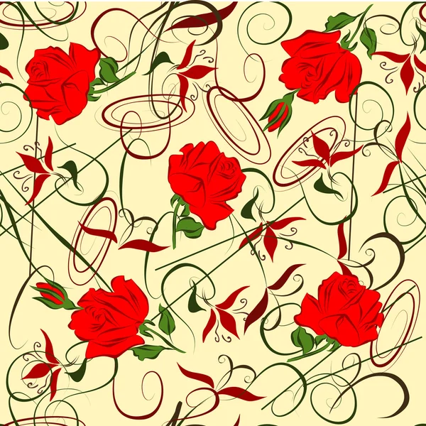 Vektorové opakující se vzorek v podobě červené růže a abstraktní prvky. — Stockový vektor