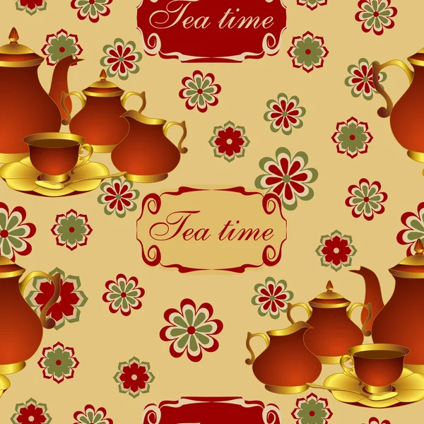 Vector seamless pattern with teapot, cups, jug, sugar bowl and flowers. — Stock Vector