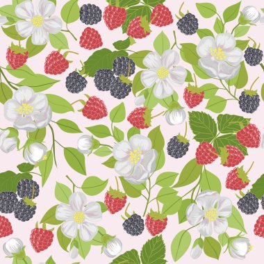 Seamless pattern with berries raspberries, blackberries, and white flowers. clipart
