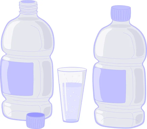 Dwie butelki i szklance wody gazowanej. — Wektor stockowy