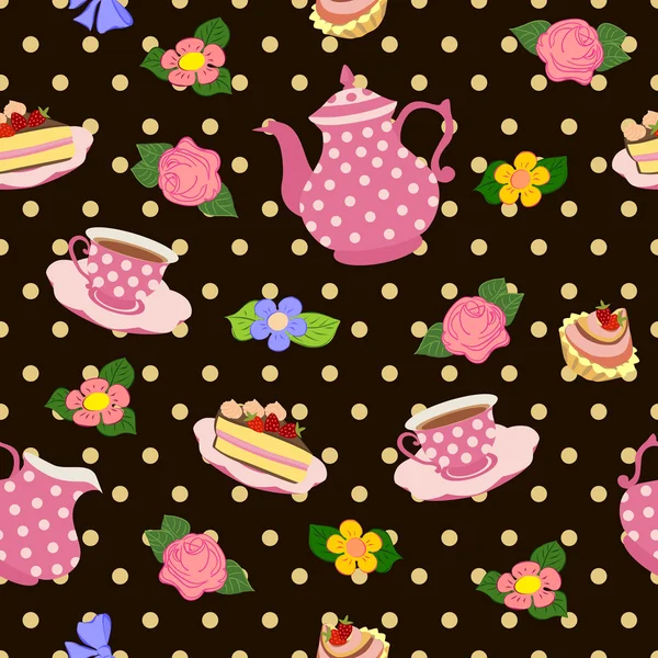 Patrón de repetición vectorial de la tetera, tazas, pasteles, cupcakes y flores . — Archivo Imágenes Vectoriales