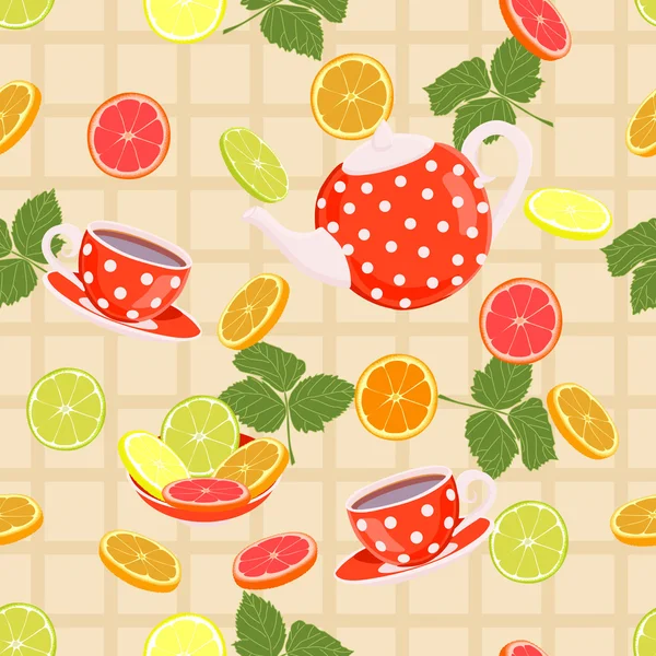 Repeating pattern with a kettle, cups, slices of citrus and leaves. — Stock Vector