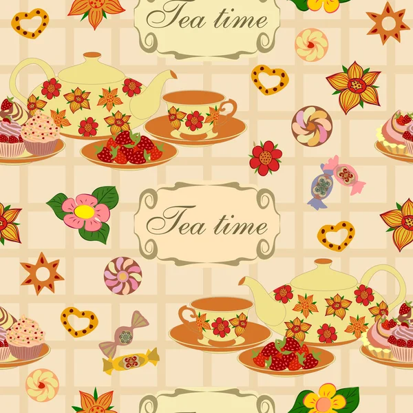 Nahtloses Vektormuster mit Teekanne, Tassen, Erdbeeren und Kuchen. — Stockvektor