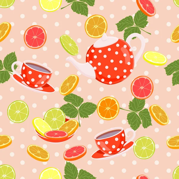 Repeating pattern with a kettle, cups, slices of citrus and leaves. — Stock Vector