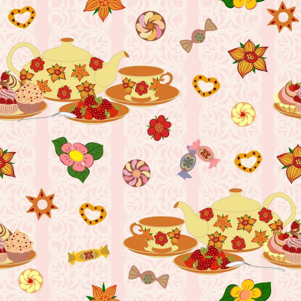 Άνευ ραφής διάνυσμα μοτίβο με τσαγιέρα, κύπελλα, φράουλες και κέικ. — Διανυσματικό Αρχείο