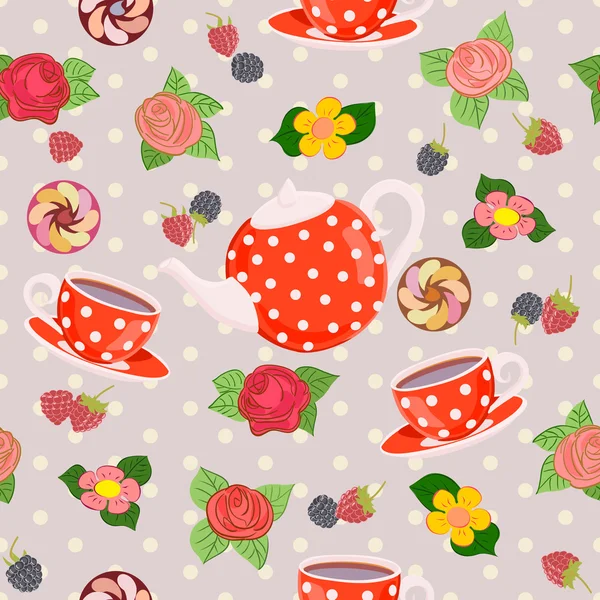 Repeating pattern with teapot, cups, flowers and berries. — Stock Vector