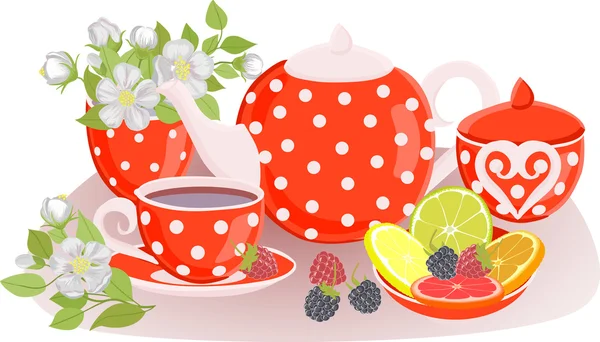 The composition of the kettle, cups, flowers, citrus and berries on the table. — Stock Vector