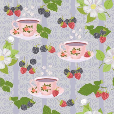 Vektör Dikişsiz desen bardak çay, ahududu ve böğürtlen ve elma çiçekleri ile.