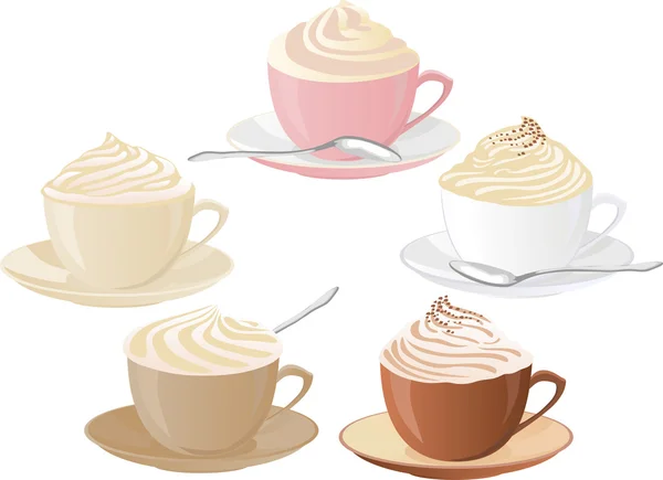 Vector set of coffee cups with whipped cream. — Stock Vector