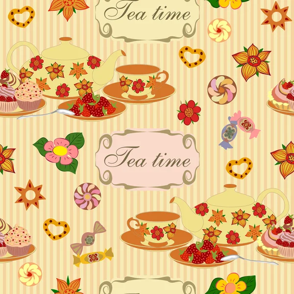 Seamless vector pattern with teapot, cups, berries and cake. — Stock Vector