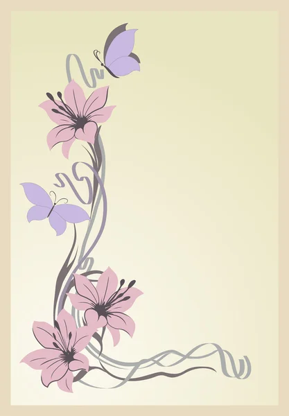 Три розовые лилии и бабочки на бледно-розовом фоне . — стоковый вектор