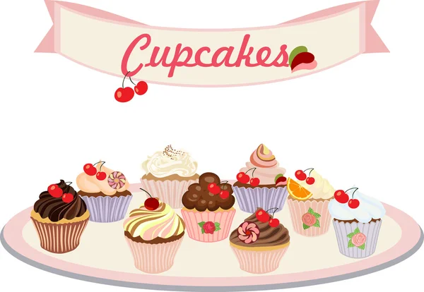 Conjunto vetorial de bolos e cupcakes . — Vetor de Stock