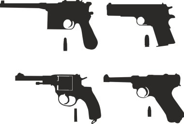 Icons set of pistols with bullets.