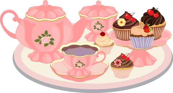 Kettle, cup, sugar bowl, vase with cupcakes on the table.