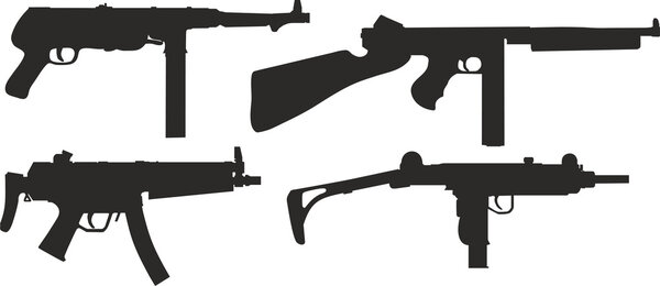 set of silhouettes of modern weapons.