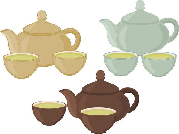Conjunto de xícaras de chá e bule em um fundo branco . — Vetor de Stock