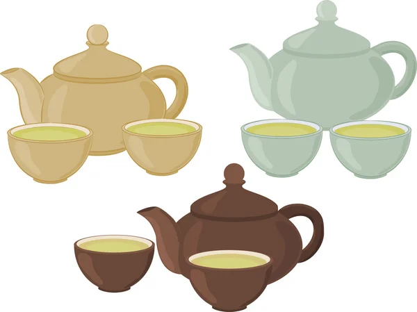 Set of cups of tea and teapot on a white background. — Stock Vector