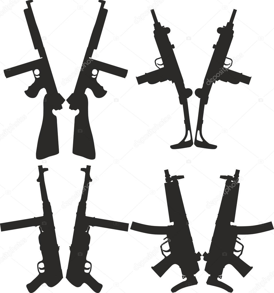 set of silhouettes of modern weapons.