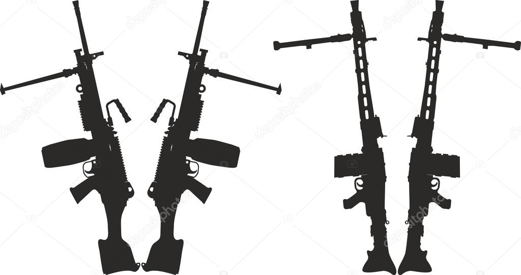 Set of silhouettes of machine gun.
