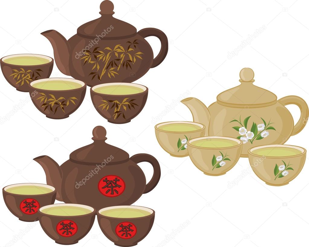 Set of cups of tea and teapot on a white background.