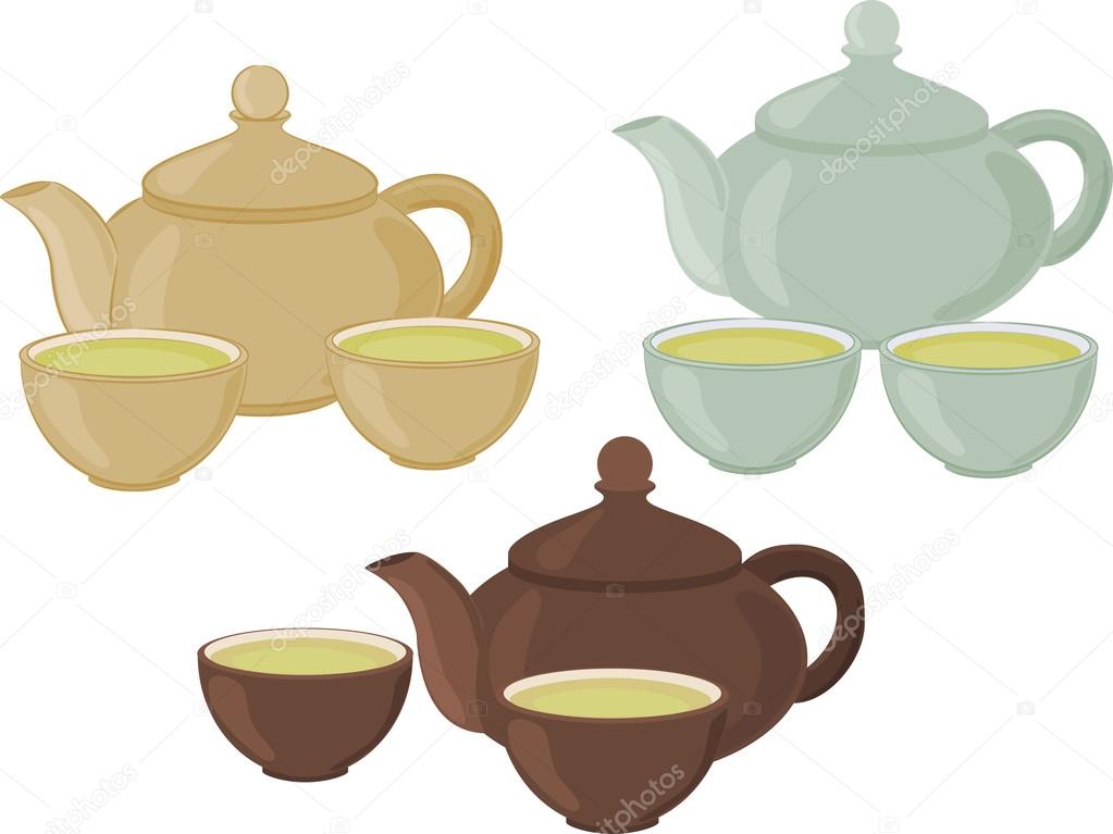 Set of cups of tea and teapot on a white background.