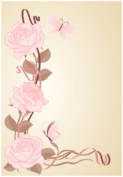 Três rosas rosa e borboletas em um fundo rosa pálido . — Vetor de Stock