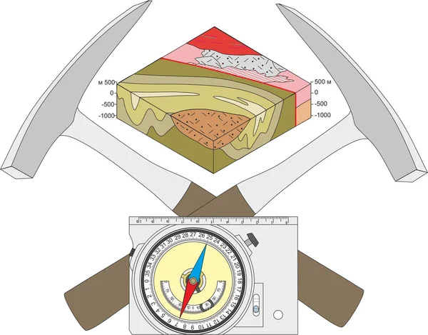 Geológiai iránytű, geológiai kalapács és Blokkdiagram. — Stock Vector