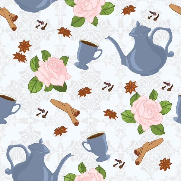 Seamless pattern with coffee pot, cups, cinnamon, cloves, anise and roses. — Stock Vector