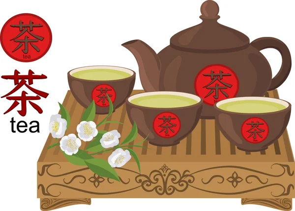 Vector composition with kettle and cups in the Asian style. — Stock Vector