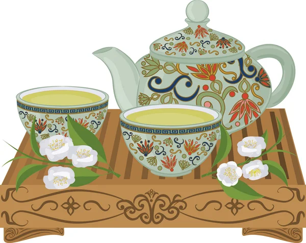 Çaydanlık ve bardak Asya tarzı vektör kompozisyonu. — Stok Vektör