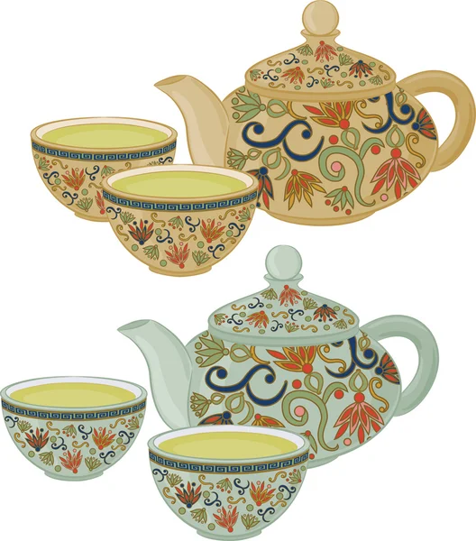 茶壶和小杯中国绿茶. — 图库矢量图片