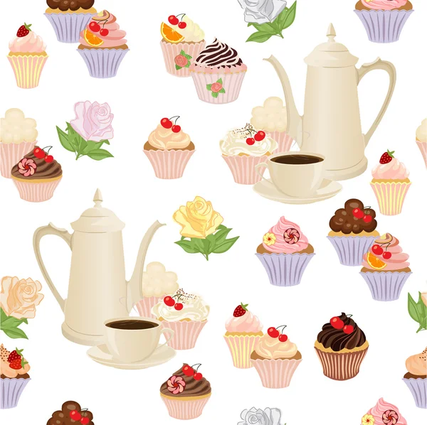 Varrat nélküli mintát, kávé pot, csészék, sütemény és rózsák. — Stock Vector