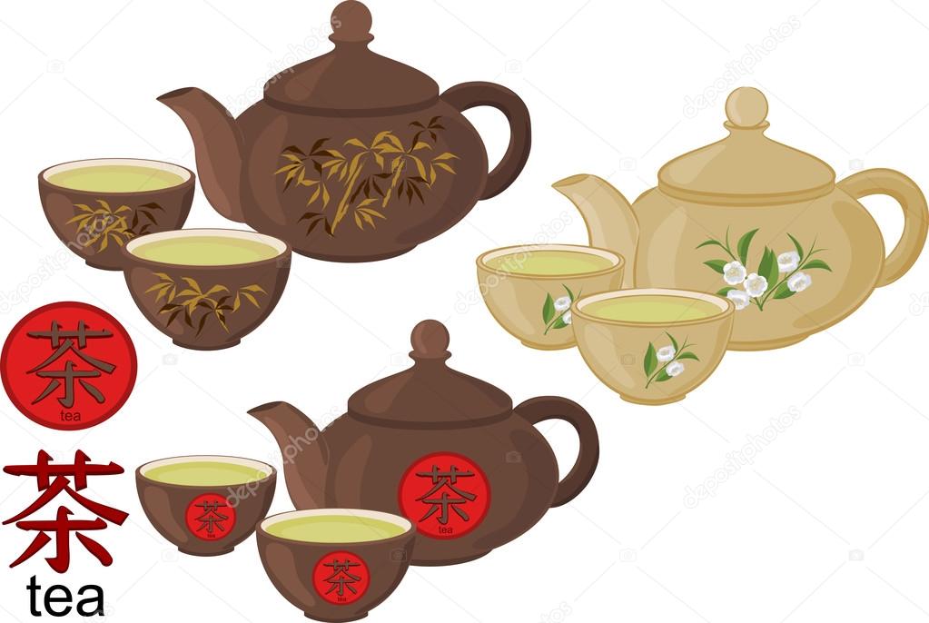 The teapot and small cups of Chinese green tea.